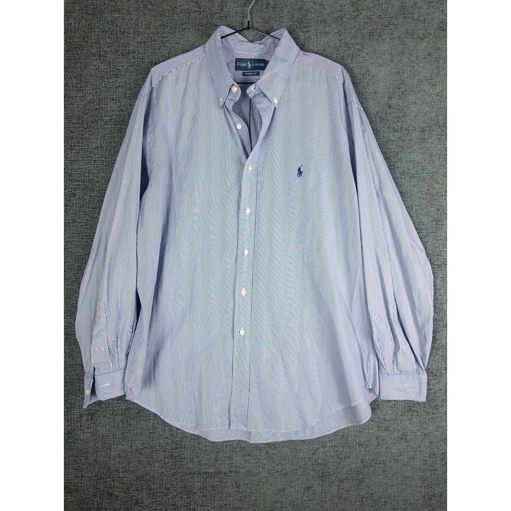 Ralph Lauren Classic Fit Button Down Shirt Mens 17.5 34/35 Blue Striped Preppy O